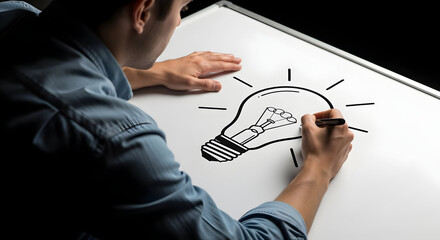 Person Drawing Light Bulb Idea on Whiteboard: Concept of Creativity, Innovation, and Thinking