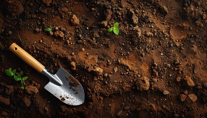 Gardening scene: shovel and sprouts in rich soil, top view, nature's beauty