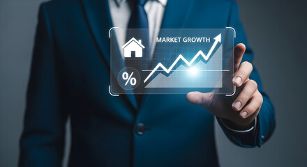 Market Growth Concept: Businessman's Digital Touch on Property Value and Investment Strategy for Financial Success