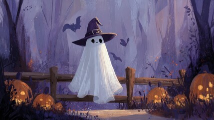 Spooky Halloween scene with ghosts, pumpkins, and bats in forest