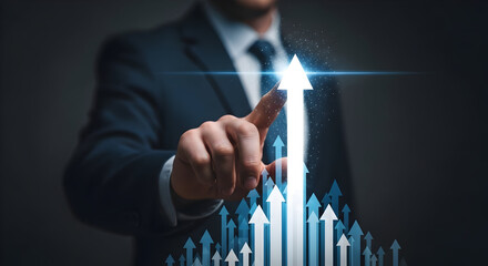 Business Growth Concept: Businessman Touching an Arrow Ascending Towards Success and Brightness