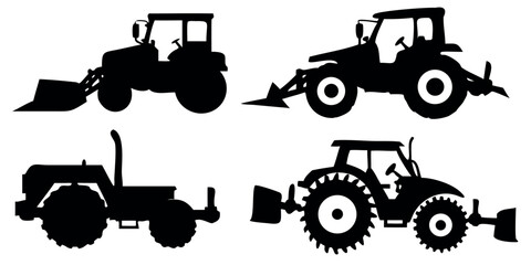 Vector Silhouette Set of Farming Vehicles Tractor Harvester and Ploughing Machine