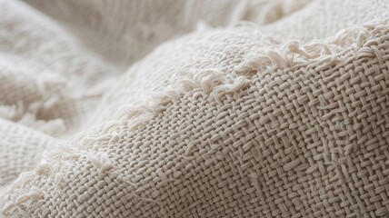 Close-up of a loosely woven off-white fabric with frayed edges and soft folds cream
