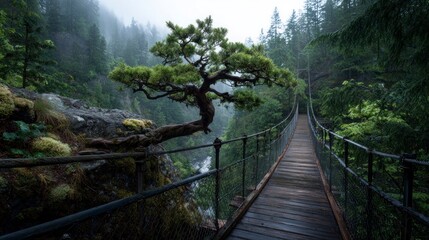 Misty forest suspension bridge