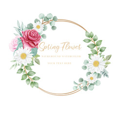 Watercolor flowers rose wreath with golden circle