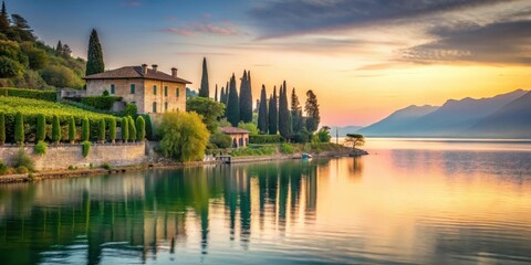Fototapeta premium A serene lake at sunset with a stone villa in the background on Lake Garda surrounded by lush greenery and vineyards, Sunset, Northern Italy