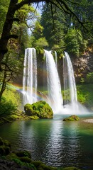 Serene Waterfall Cascading Through Lush Forest.