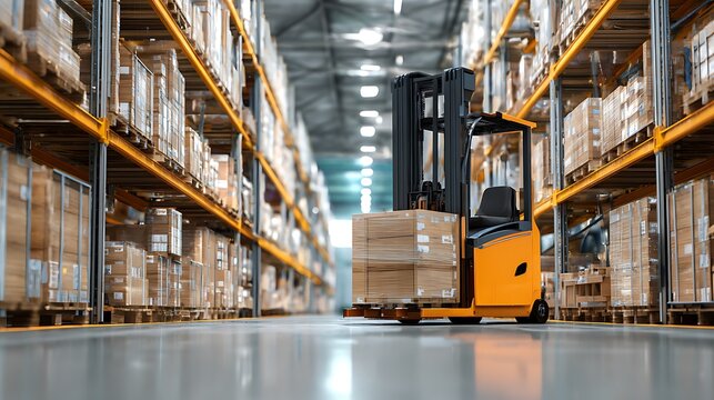 High quality image of forklift carrying a pallet of boxes in a warehouse with shelves full of boxes. - Powered by Adobe