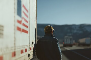 Driver stands near big rig truck displaying the USA flag on a sunny day, showcasing pride in American professions while on the open road