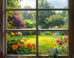 Rain-kissed view: Floral garden scene framed within a rain-streaked windowpane