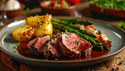 Delicious Dish: Sliced Steak, Roasted Potatoes, and Asparagus Presentation