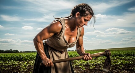 Strong woman with hoe working in sunny green field
