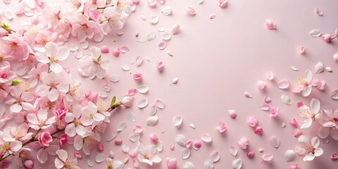 delicate cherry blossom petals scattered on a pastel pink and white background, flowers