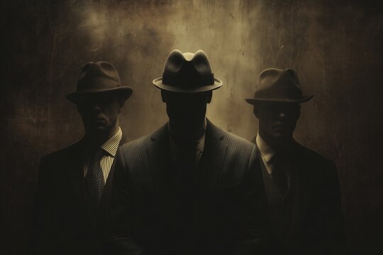 Three silhouetted men in fedoras stand in a smoky, dimly lit room, exuding mystery and menace. The image radiates noir atmosphere, intrigue, and classic suspense. Mafia gangsters theme.