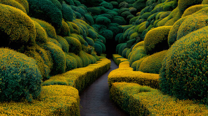 Yellow And Green Shrubbery Labyrinth Path On Dark Ground