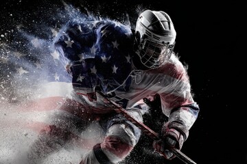 Dynamic ice hockey player in action with USA flag influence blending into the scene, showcasing pride and skill in the sport