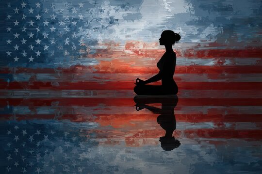 Yoga instructor practicing meditation in front of the USA flag at sunset, representing peace and resilience in American culture - Powered by Adobe