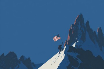 Mountaineer proudly climbs snowy peak while waving the American flag against a bright blue sky with rugged mountain landscape