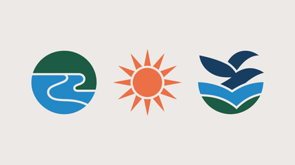 Obraz premium Set of nature icons featuring water sun and birds simple flat vector design element isolated on white background