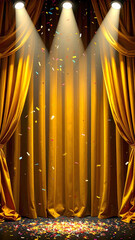 Golden velvet curtain glowing rugged spotlight victory celebration
