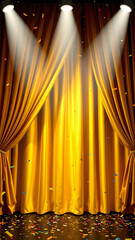 Golden velvet curtain glowing rugged spotlight victory celebration
