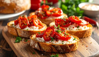 Artisan Bruschetta: A Gourmet Appetizer with Roasted Tomatoes on a Wooden Board