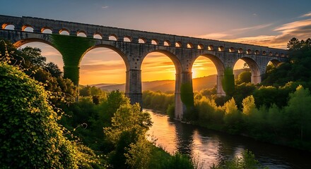 Ancient Stone Bridge Over River at Sunset.