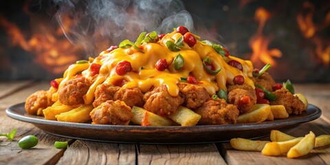 A steaming hot plate of chili cheese fries topped with a mountain of crispy fried chili cheese nuggets, adding an extra layer of crunch to the snack, chips, snacks