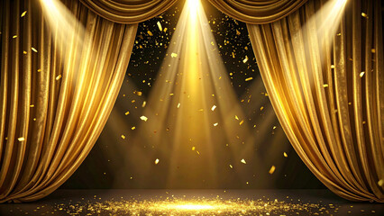 Golden velvet curtain glowing rugged spotlight victory celebration
