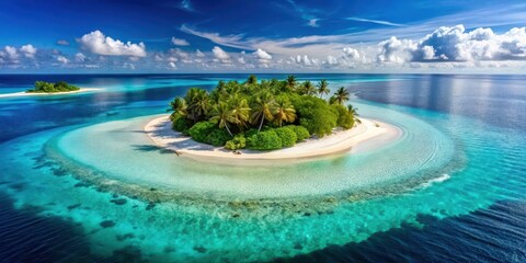 A serene island surrounded by a crystal-clear turquoise ocean with white sandy beaches and a few palm trees