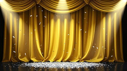 Golden velvet curtain glowing rugged spotlight victory celebration
