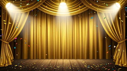 Golden velvet curtain glowing rugged spotlight victory celebration
