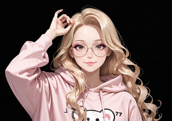 Japanese anime-style woman with detailed eyes and flowing blonde hair against a solid black background.