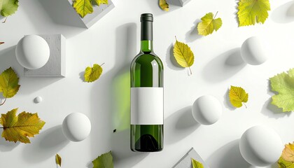 Overhead view of a green wine bottle with a blank label, surrounded by autumn leaves and abstract white geometric shapes on a white background.  The scene is brightly lit, casting subtle shadows