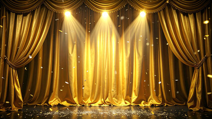 Golden velvet curtain glowing rugged spotlight victory celebration
