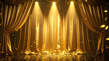 Golden velvet curtain glowing rugged spotlight victory celebration
