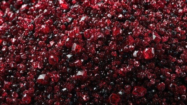 Close up view of bright red crystalline structures with detailed texture