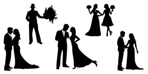 Vector Silhouette Set of Wedding Scenes Bride and Groom Couple Kissing and Bride with Bouquet