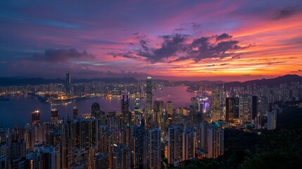 Fototapeta premium Hong Kong cityscape panorama at sunset with skyscrapers
