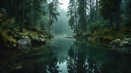 Obraz premium Enigmatic Green Forest with Foggy River Reflection