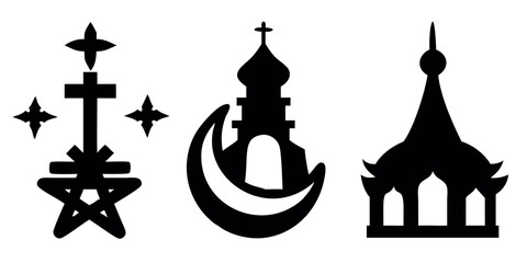 Vector Silhouette Set of Faith Symbols Cross Crescent with Star and Buddhist Stupa