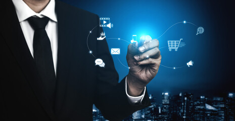 Omnichannel marketing journey showing interaction across media, email, messaging, mobile,...