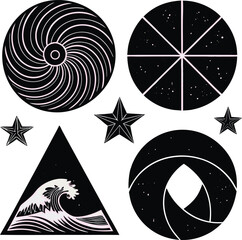 Set of 8 designs solid black silhouette abstract, swirl, triangle, star, circle, wave, full black fill, realistic proportions, isolated on white background, vector-friendly, no text