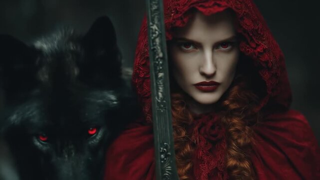 Woman in red cloak with black wolf and sword for editorial or commercial use