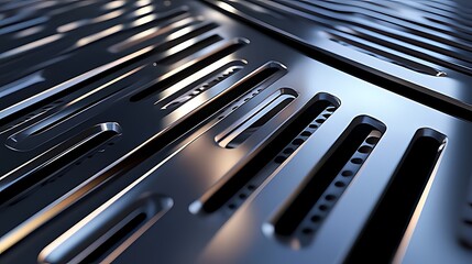 Glossy metallic surface with elongated rectangular perforations, futuristic reflections, and precise industrial finish showcasing modern engineering.