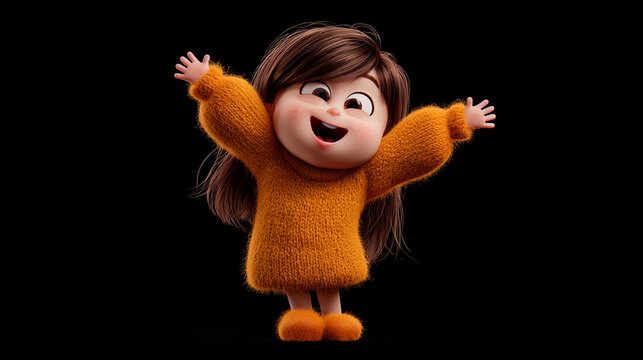 Cheerful animated character wears fluffy orange sweater, smiling and waving joyfully against a dark background Generative AI