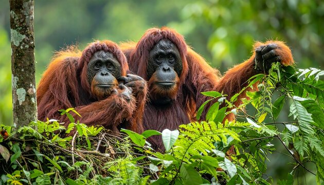 Two orangutans in a lush forest
