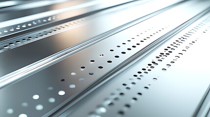 Shiny silver metal sheets with precise round perforations, arranged in clean parallel lines, showing symmetry, industrial strength, and futuristic detail.