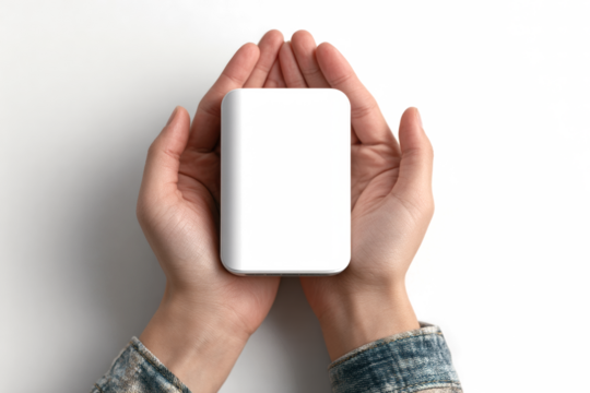 Hands holding a blank white object a mockup for branding or product placement isolated on white