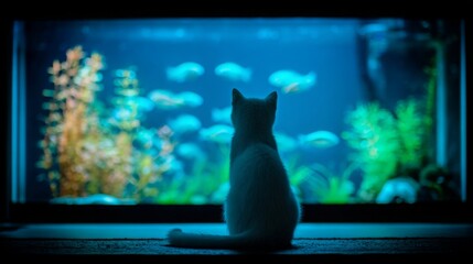 Kitten Watching Goldfish in Aquarium Curious Feline Observing Underwater World